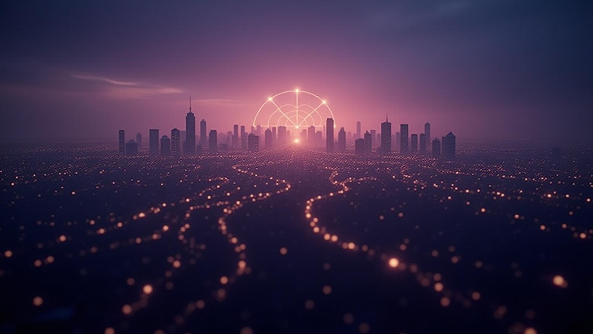 Abstraktes Bild von Geschäftsstrategie und kosmischer Energie, symbolisiert durch verbundene Linien und Sterne über einer Stadt.